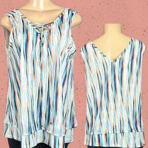 Worthington L Blue Multi-Striped V-Lace-Up Neck Lined Layered Hem Sleeveless Top